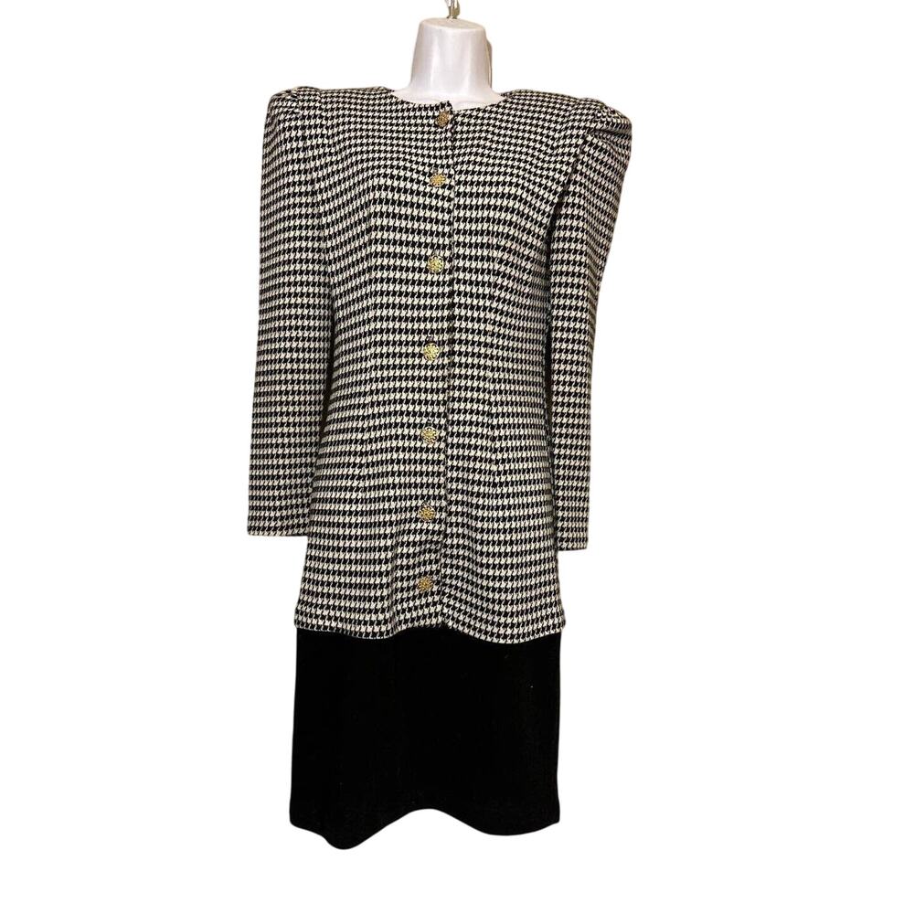 Vtg 80’s Blk & Wht Check Sweater Dress, All that Jazz, USA, S, shoulder pads